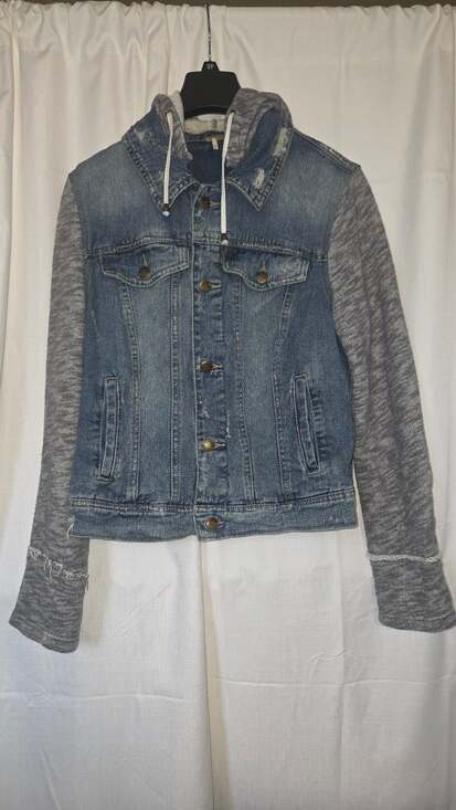Free People Jackets & Blazers - Free People Large Moon Dust Distressed Denim Jacket, Knit Hoodie and Sleeves